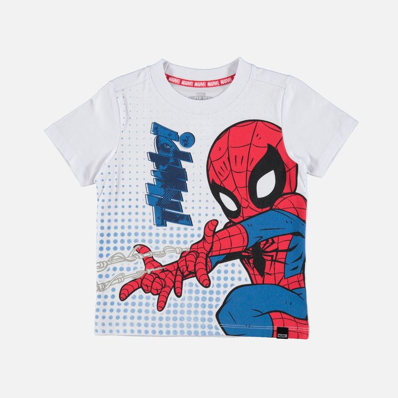 Camiseta de SpiderMan estampada blanca roja y azul para niño de 2T a 5T
