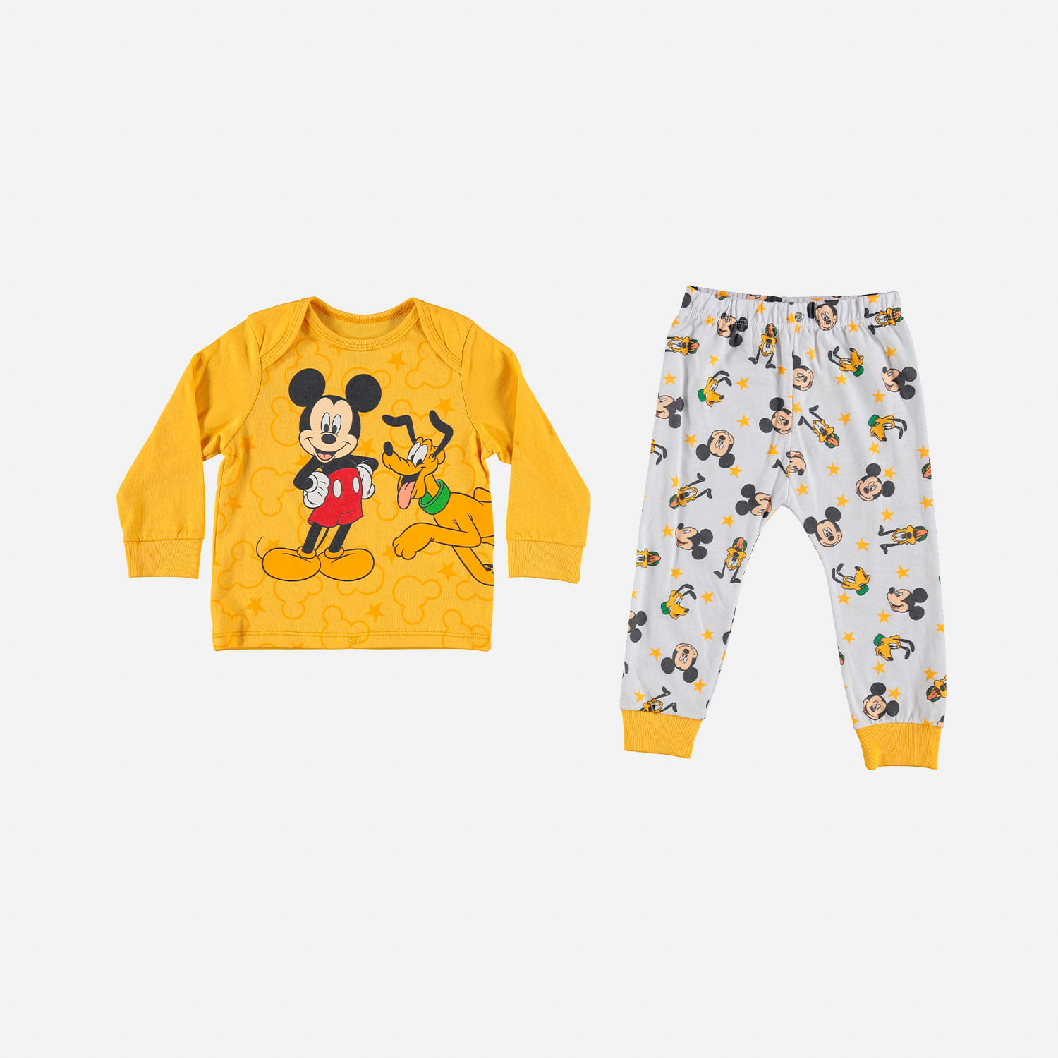 Pijama de bebé niño, manga larga/pantalón amarillo/blanco de Mickey Mouse