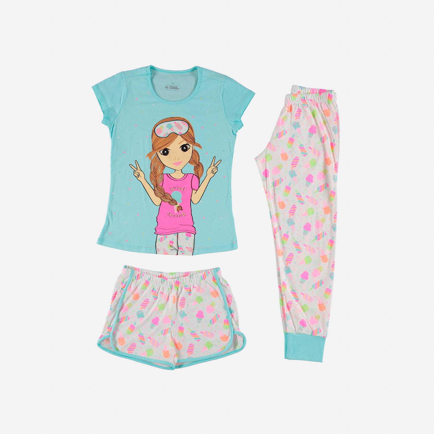 Migración atraer papel Pijama de niña ,trio manga corta/ pantalón largo/corto azul claro/rosa de  mic
