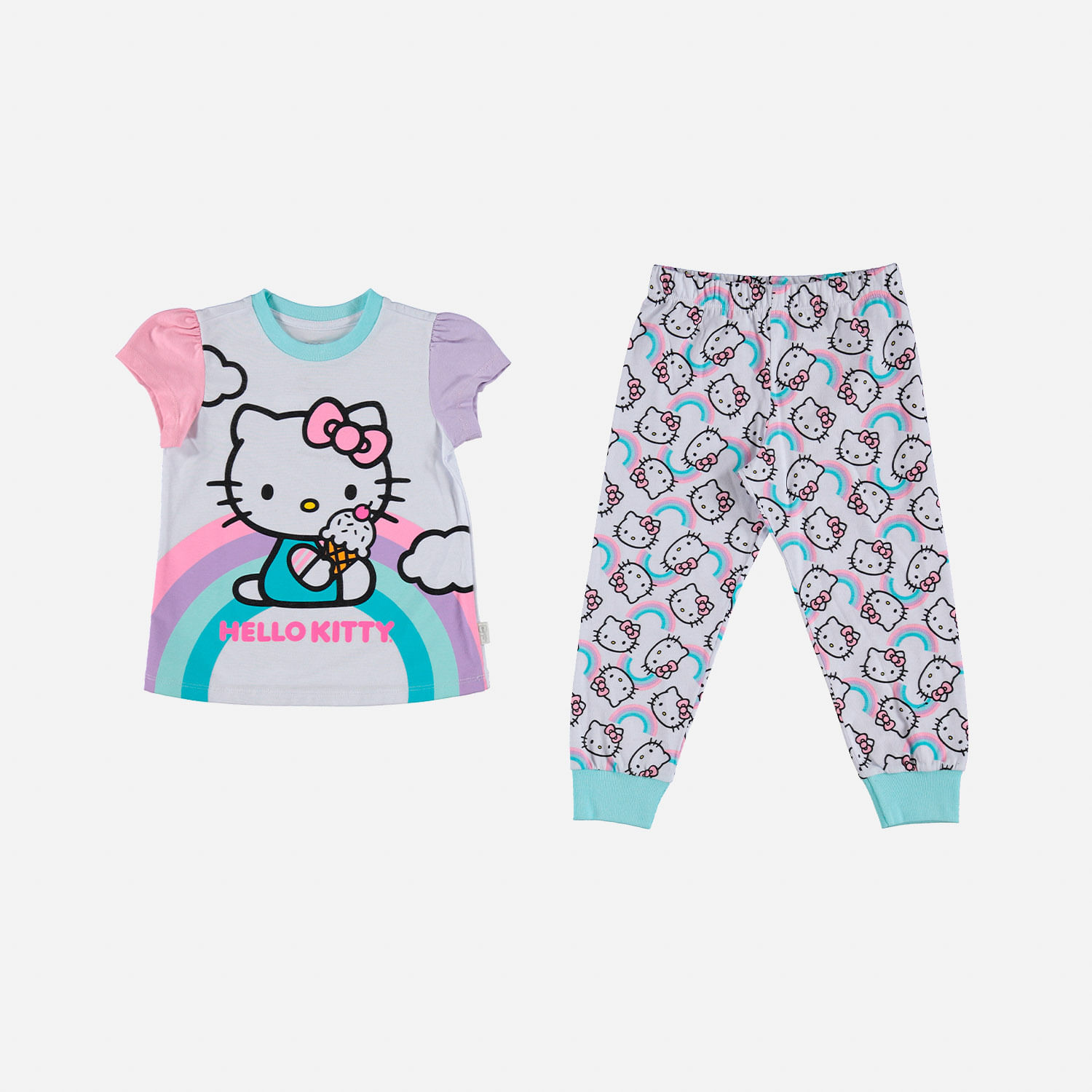 Pijama de niña, manga corta/pantalón largo blanca/rosada de Hello Kitty