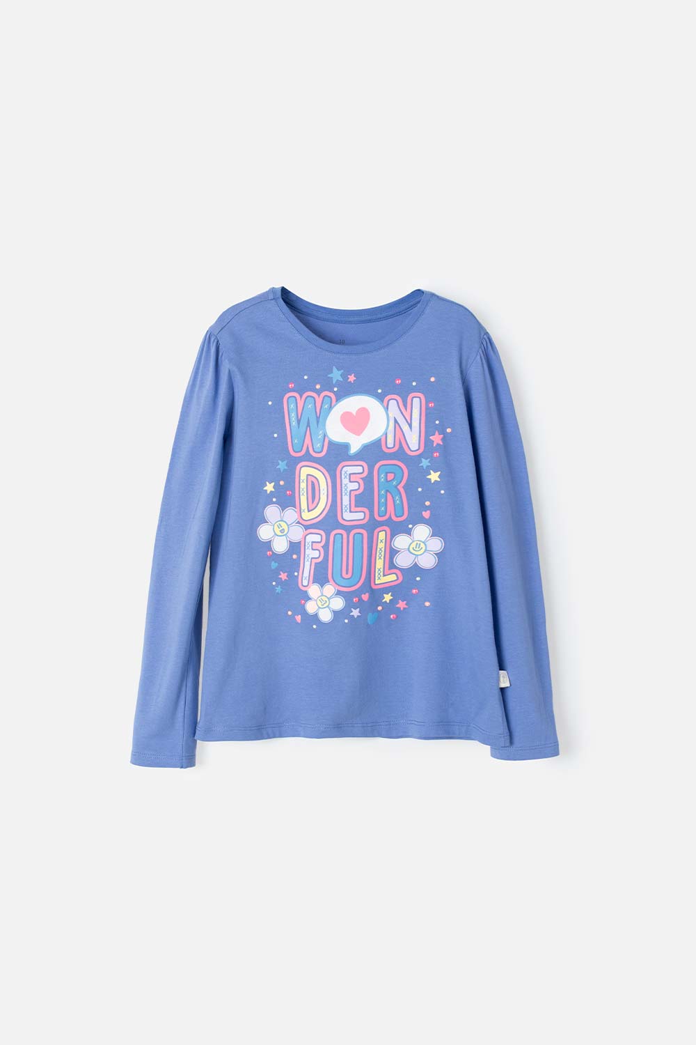 Camiseta de manga larga con mensaje azul para niña