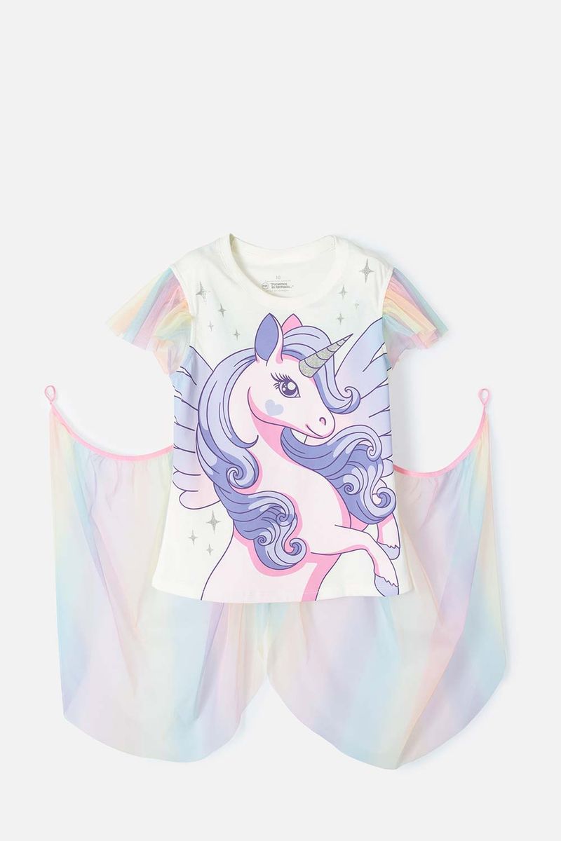 Camiseta de unicornio marfil y multicolor con capa para ni a