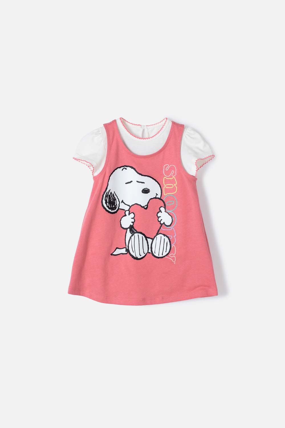 Vestido de Snoopy marfil y rosado de manga corta para bebé niña 3-6-0