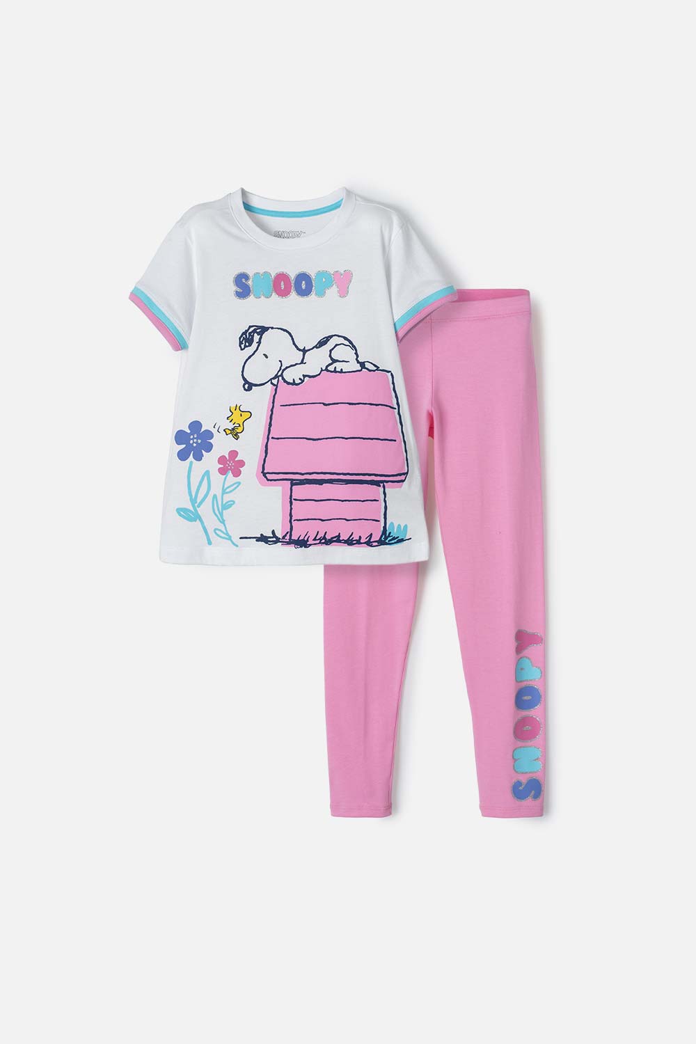 Conjunto de Snoopy blanco y rosado con leggins para niña 4-0