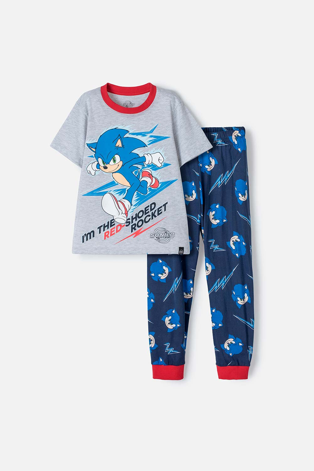 Pijama de sonic gris, azul y roja de pantalón largo para niño 6-0