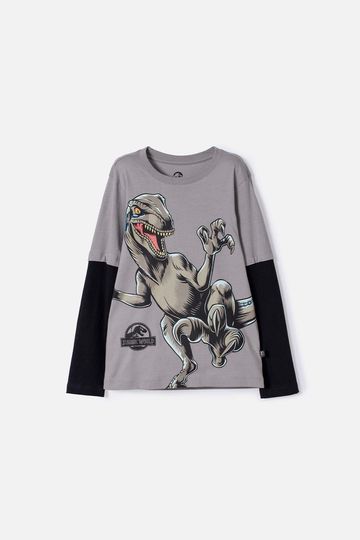 Camiseta de Jurassic World gris y negra doble manga para niño 4