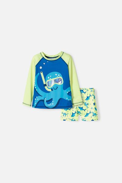 Conjunto de baño de Littlemic manga larga azul y verde para niño 2T a 6T 2T