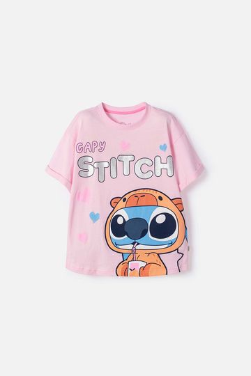 Camiseta de Stitch y Capybara manga corta rosada para niña 4